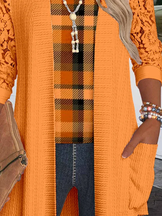 Women Long Sleeve Scoop Neck Graphic Pockets Lace Two-Pieced Tops