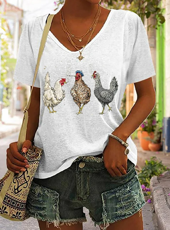 Women's Smoking Three Chickens Print Casual T-Shirt