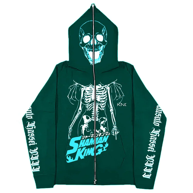 Retro Hoodie Gothic Harajuku Skull Print Zipper Sweatshirt at Hiphopee