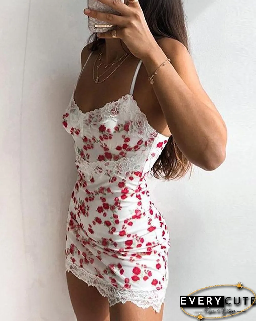 Women's Sexy Sling Print Lace Decor Mini Dress