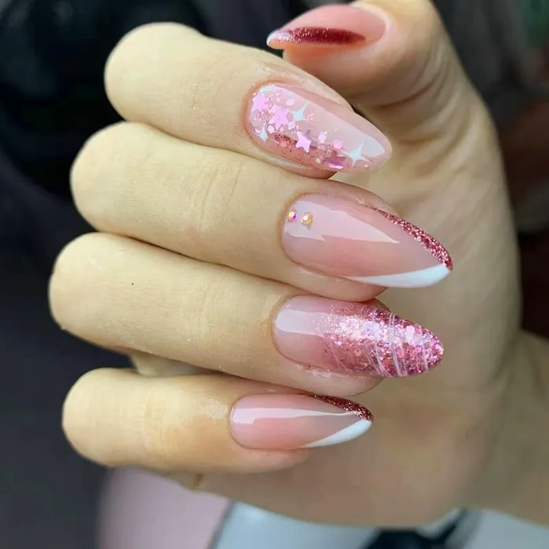 Churchf Churchf Double Spell Flash Powder French Nail White Star Lovely Pink Tender Diamond Fake Nail Wear Nail Finished Product
