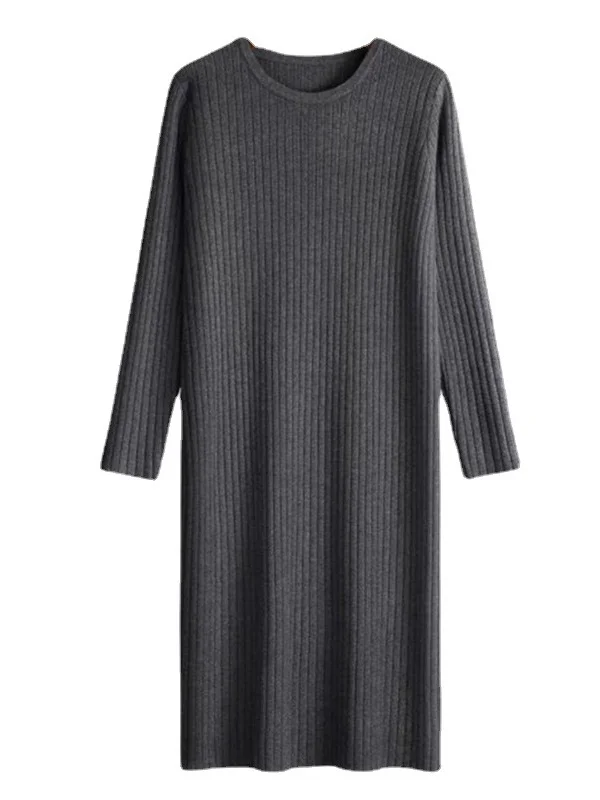 Urban Long Sleeves Pure Color Round-Neck Sweater Dresses