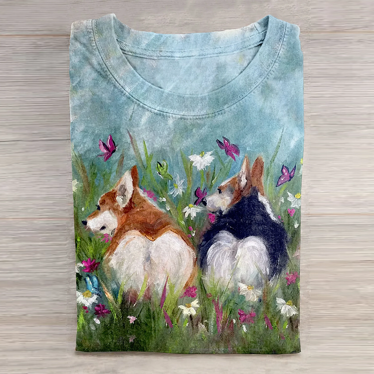 Dogs Playing In The Grass Print Casaul Short Sleeve T-Shirt