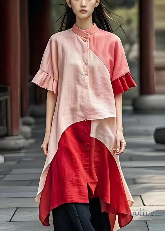 Pre sale - shipping in 30 days/Art Pink Asymmetrical Patchwork Linen Shirt Dress Summer