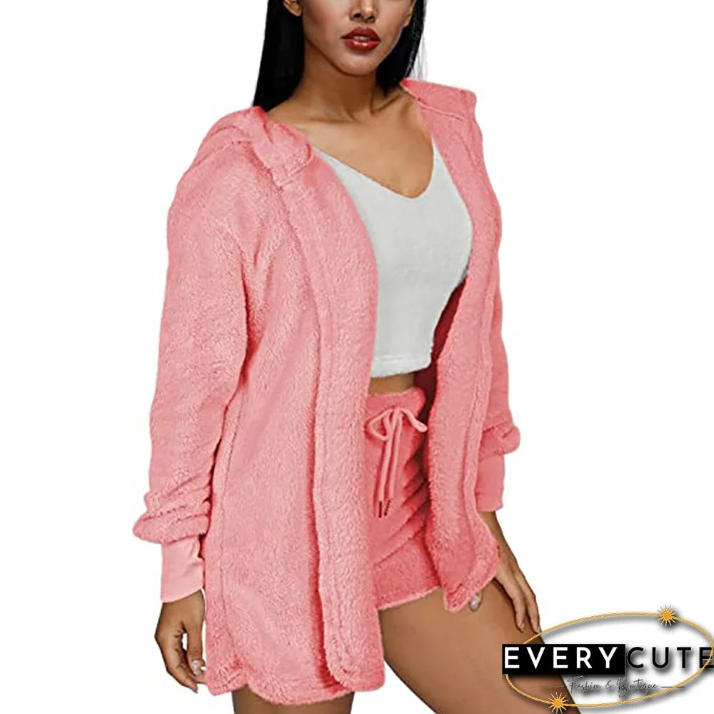 Light Pink Plush Hoodie with Shorts and White Vest 3pcs Set