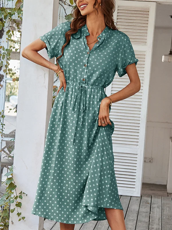 Polka-Dot Drawstring Buttoned Short Sleeves Loose V-Neck Shirt Dress Midi Dresses