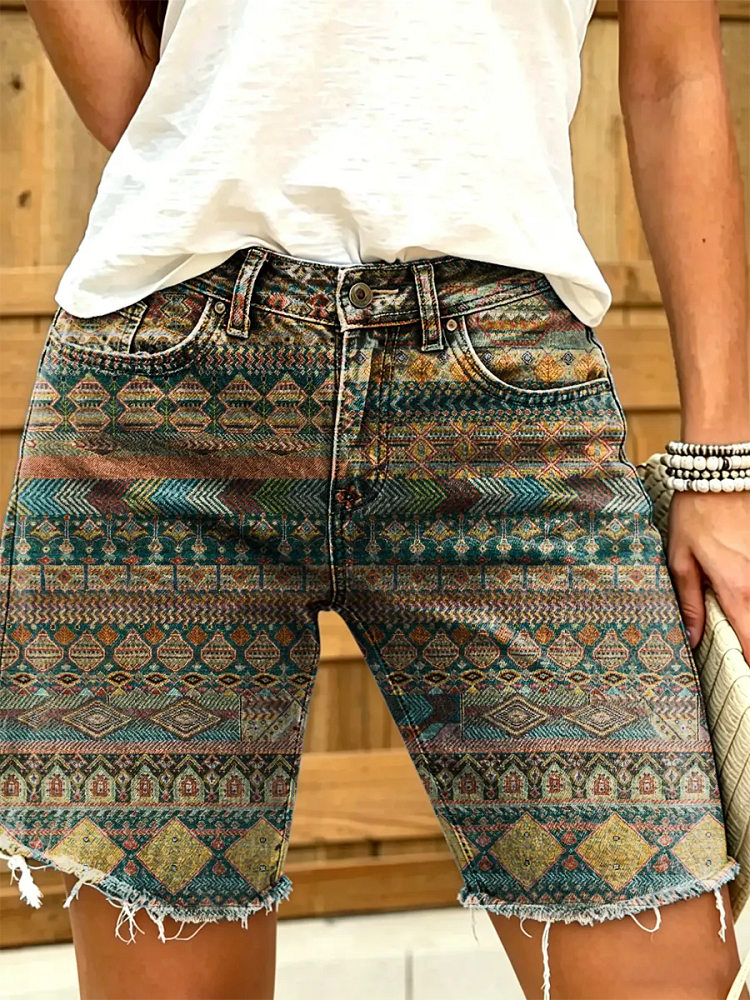 Women's Vintage Ethnic-print Artistic-printed Denim Shorts