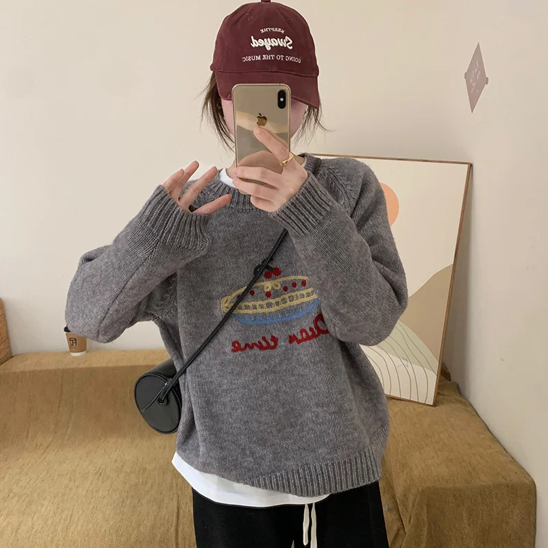 Churchf Knit Sweater Female Autumn Winter New Candy Color Round Collar Loose Joker Coat College Wind Sweater