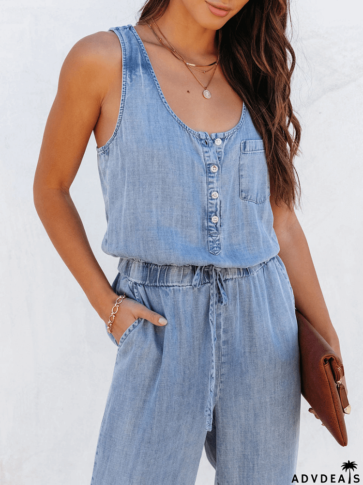 COURTNEY POCKETED SLEEVELESS DENIM JUMPSUIT - BLUE