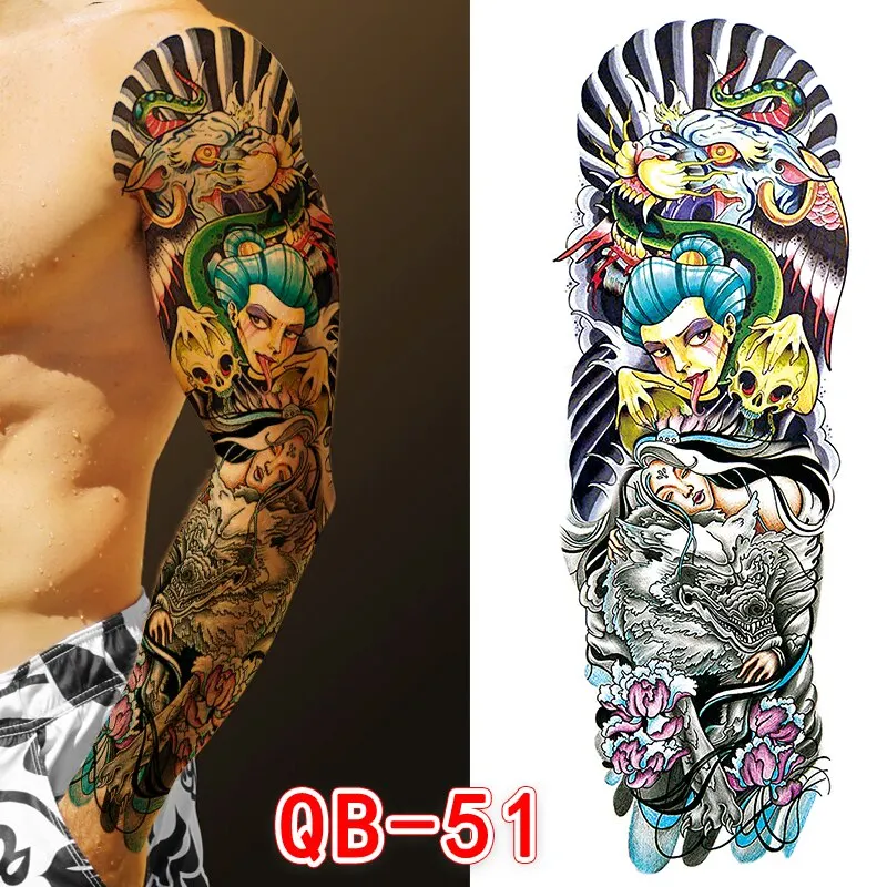Sdrawing Men Temporary Tattoos Large Arm Sleeve Tattoo Sticker Dragon Tiger Fish Full Skull Totem Wolf Waterproof Fake Tattoo for Women
