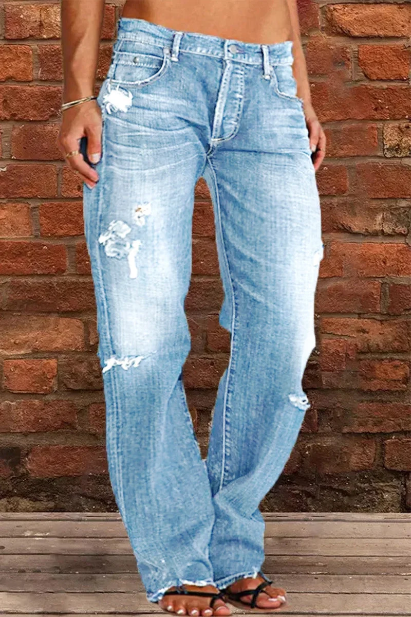 Casual Street Patchwork Ripped Straight Denim Jeans(5 Colors)