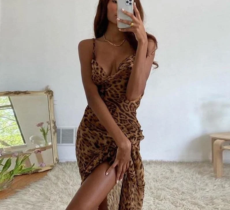 Woherb Mesh See Through Leopard Print Maxi Dress-Outfit Ideas