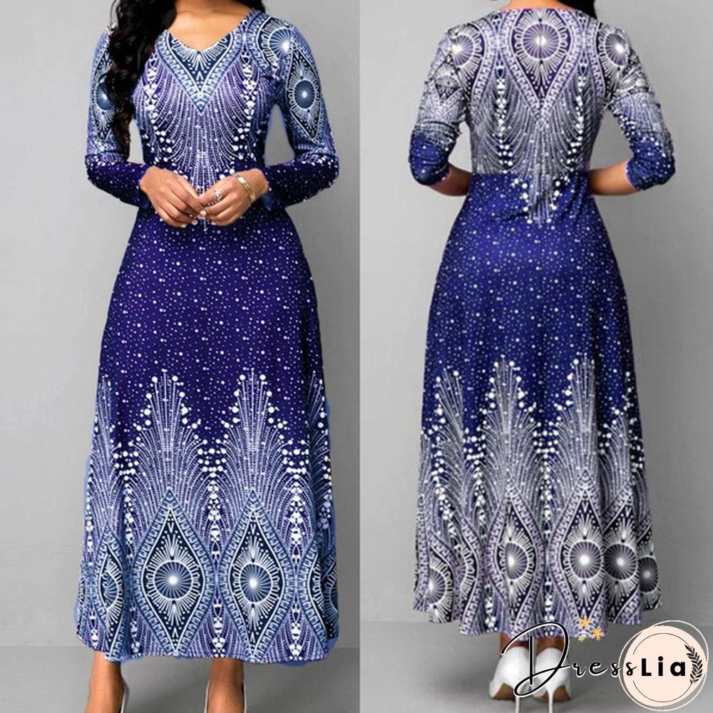 V-neck Retro Print Long-sleeved Dress Spring and Autumn Women's Clothing