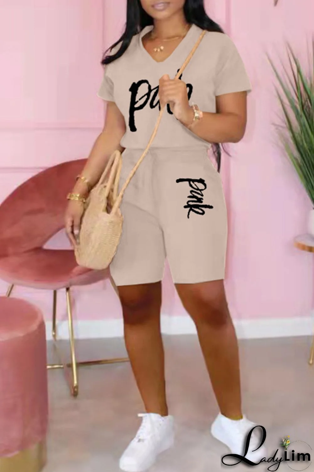 Black Fashion Casual Letter Print Basic V Neck Short Sleeve Two Pieces