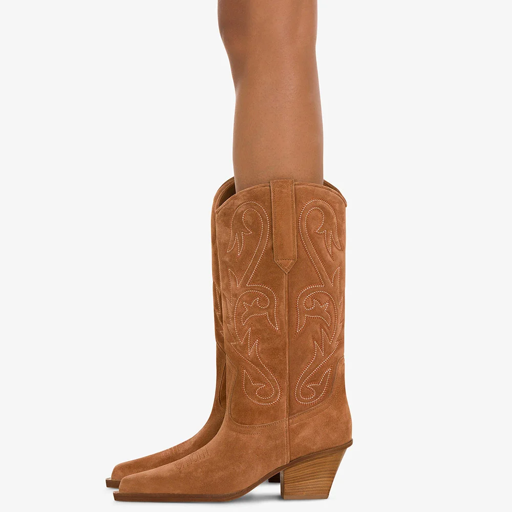 Brown Vegan Suede Chunky Heel Pointed Toe Mid-Calf Cowgirl boots