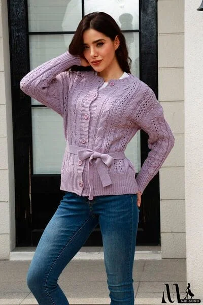 MidiSono - Cable-Knit Button Up Tie Front Knit Top