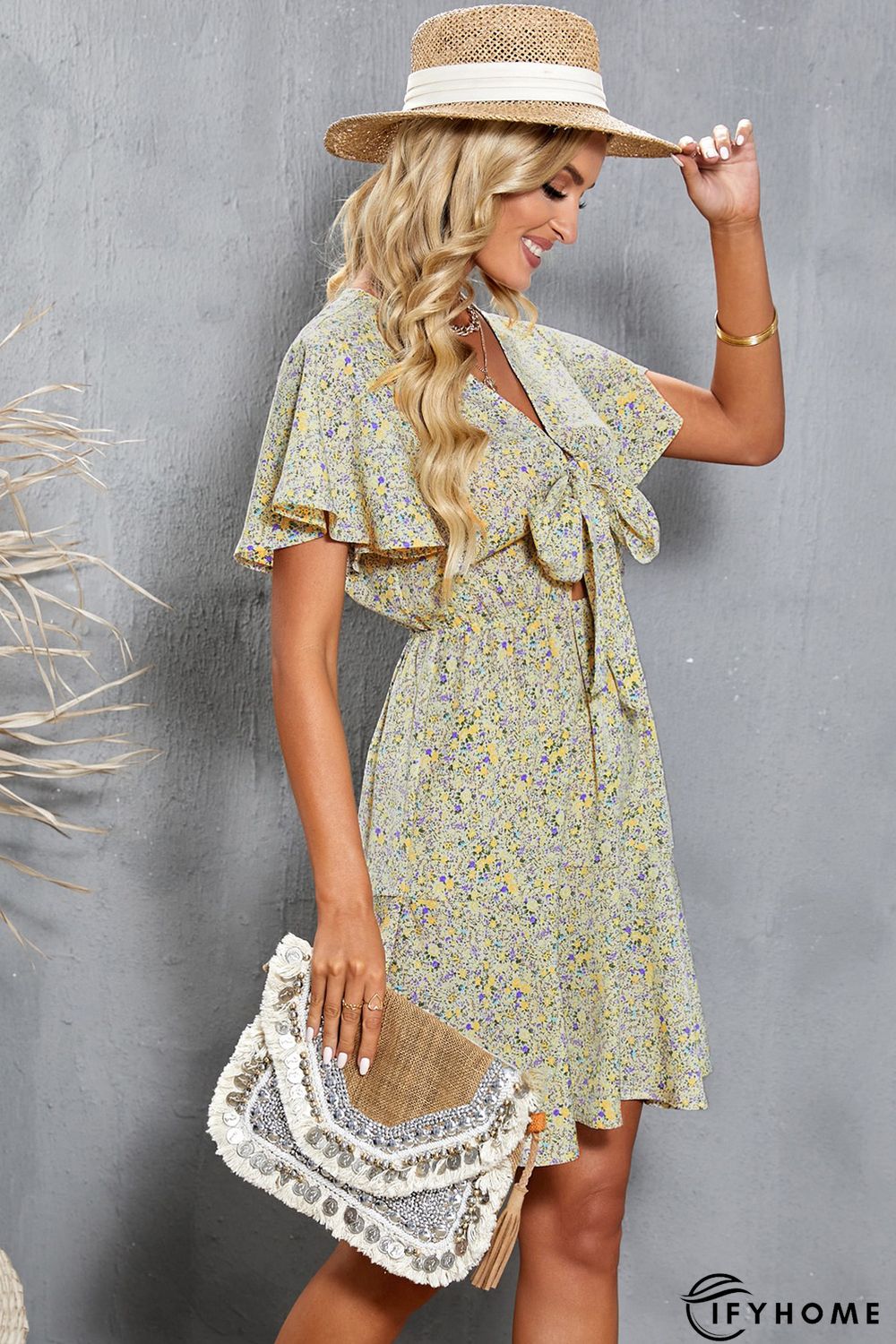Floral Print Tie Knot Ruffled Short Sleeve Mini Dress | IFYHOME
