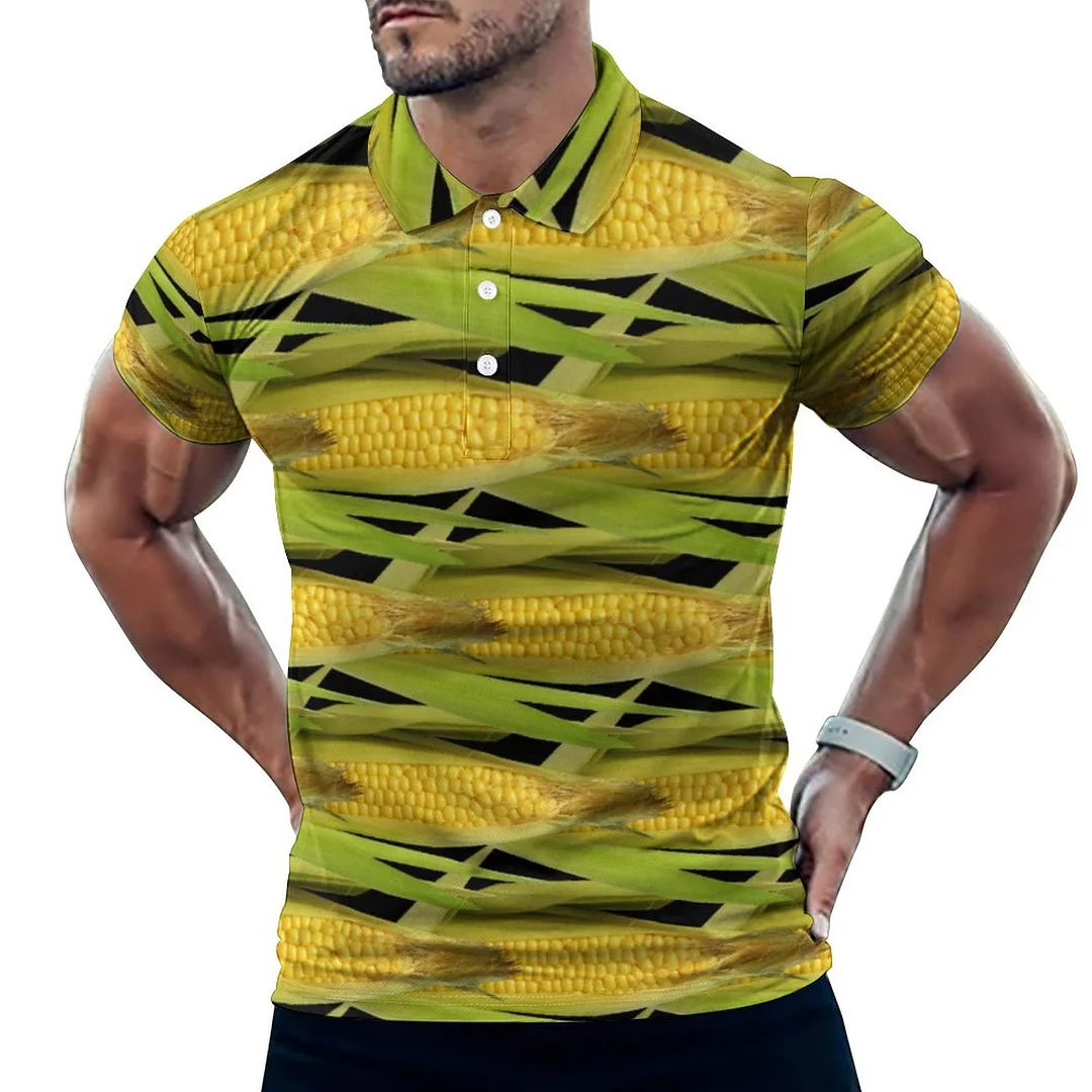 Abstract Corn On The Cob Vegetable Print On Black Men's Short Sleeve Casual Polo Shirts