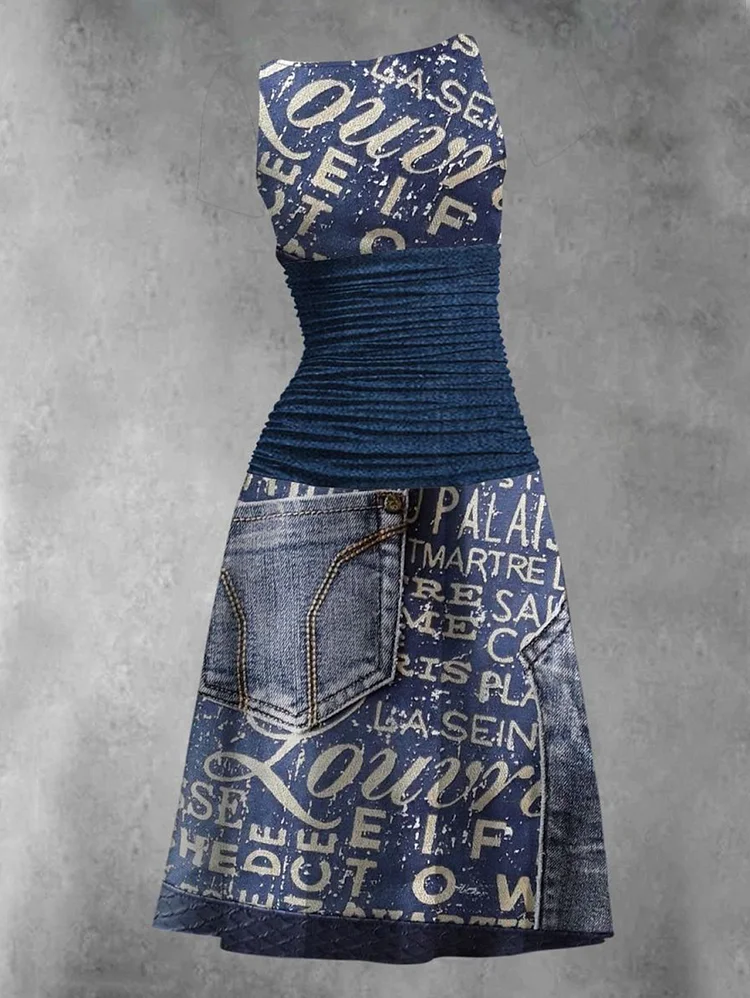 Fashion Denim Pattern Sleeveless Button Decor Midi Dress