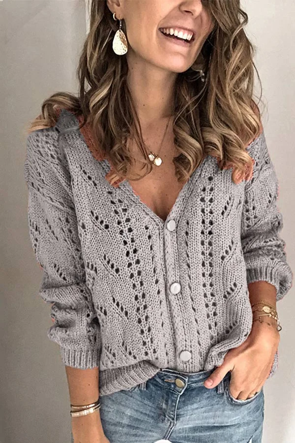Casual Solid Color Hollow V-neck Sweater
