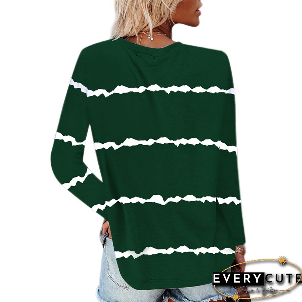 Green Tie-dye Stripe Print Long Sleeve Tops