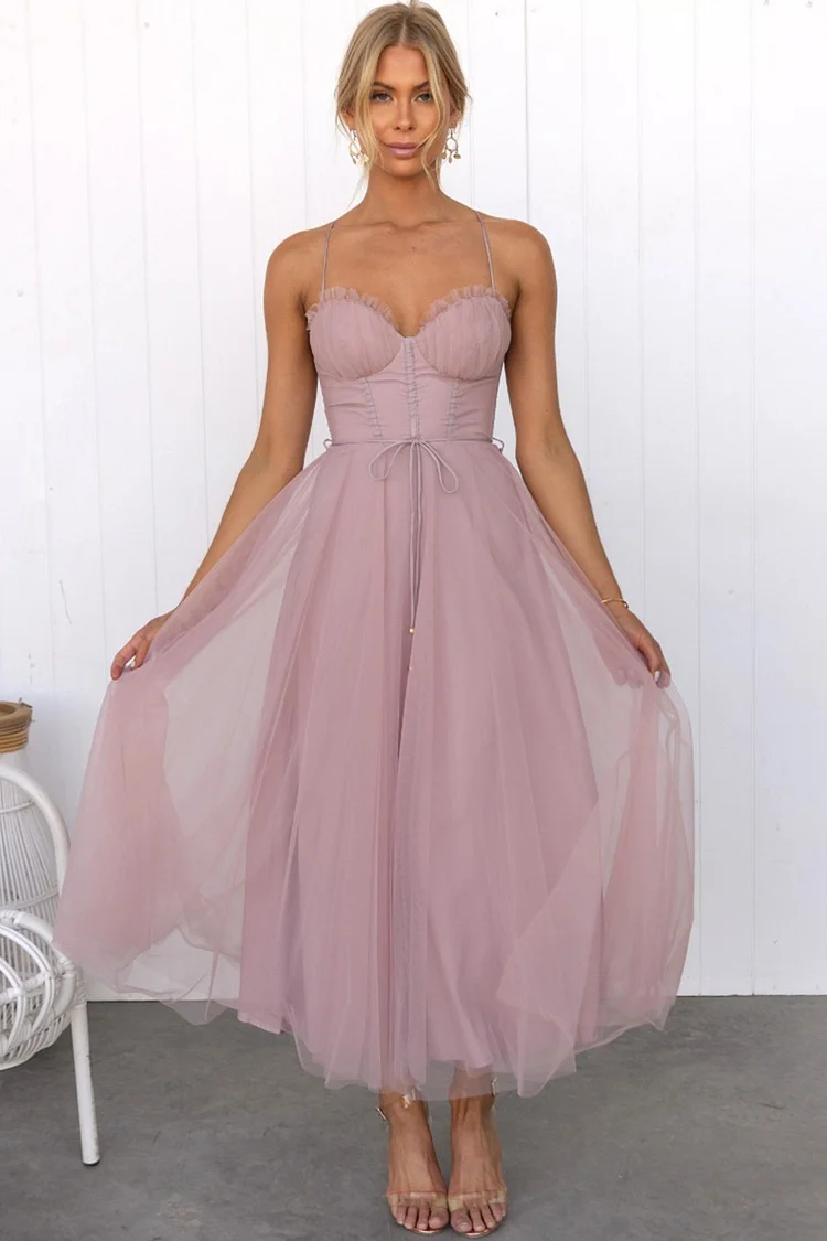 Cocktail Caramel Mesh Lace-Up Cami Midi Dress