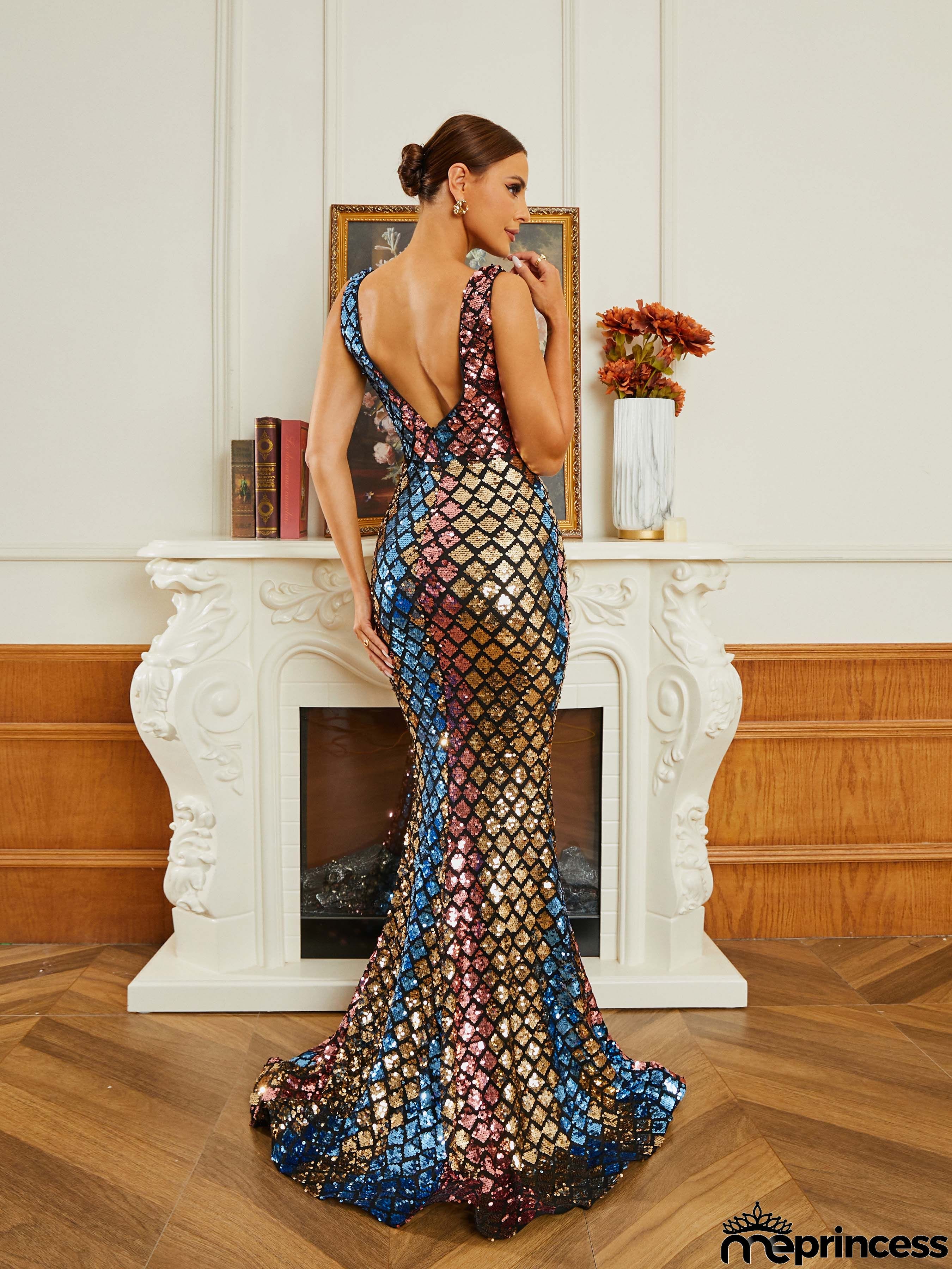 Formal Sequin V-Neck Multicolor Mermaid Dress RM20623