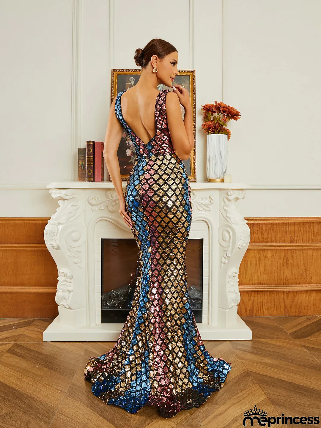 Formal Sequin V-Neck Multicolor Mermaid Dress RM20623