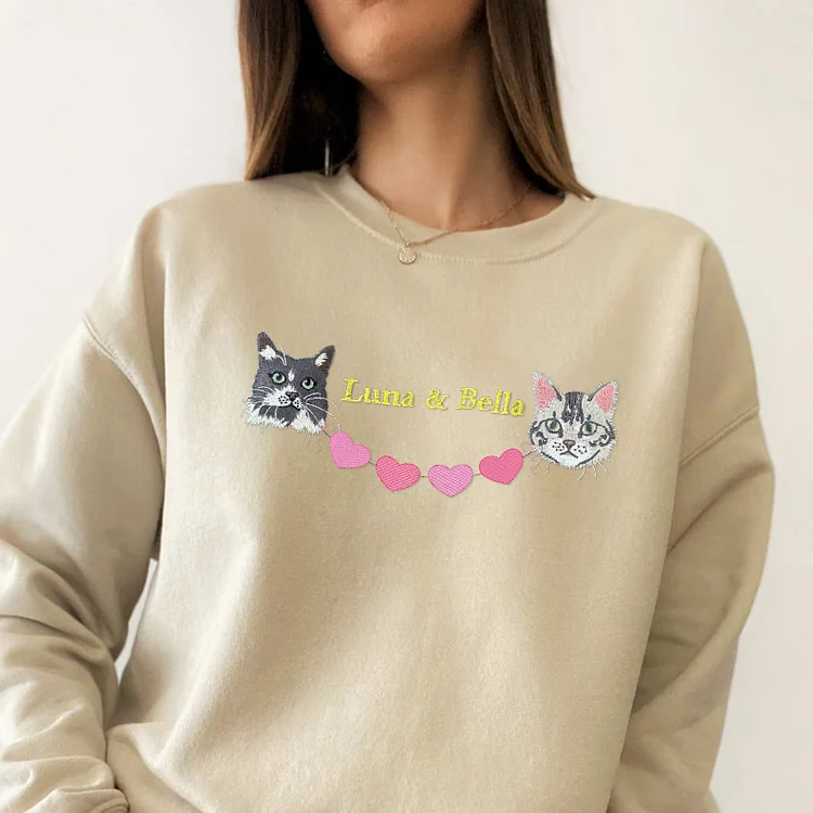 Custom 2 Pets Portrait and Love Hearts String Embroidered Sweatshirt, Hoodie, T-shirt, Valentine's Day Gift