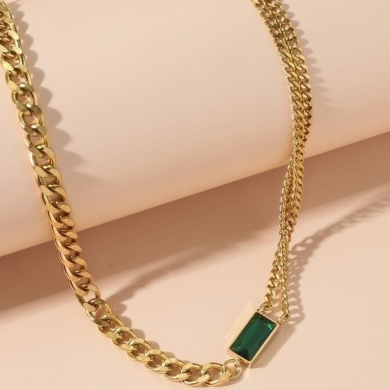 Retro Square Titanium Steel Artificial Gemstones 18K Gold Plated Polishing Plating Inlay Necklace