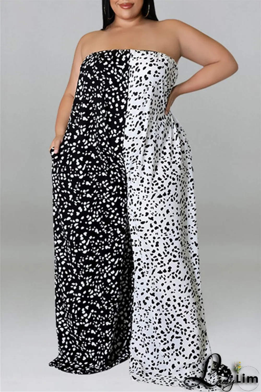 Purple Fashion Casual Print Split Joint Backless With Belt Strapless Plus Size Jumpsuits