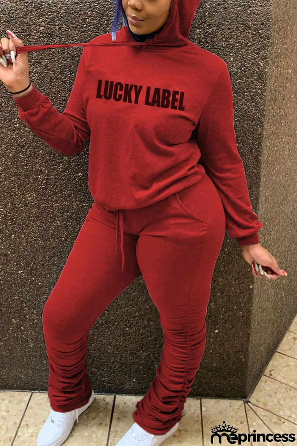 Red Casual Letter Fold Hooded Collar Regular Sleeve Regular Two Pieces