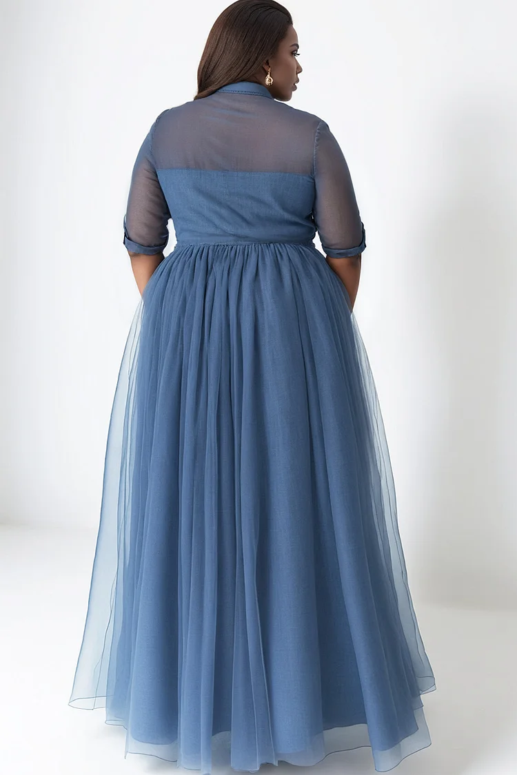 Xpluswear Design Plus Size Semi Formal Blue Shirt Collar Short Sleeve See Through Contrast Tulle Tencel Denim Maxi Dresses [Pre-Order]