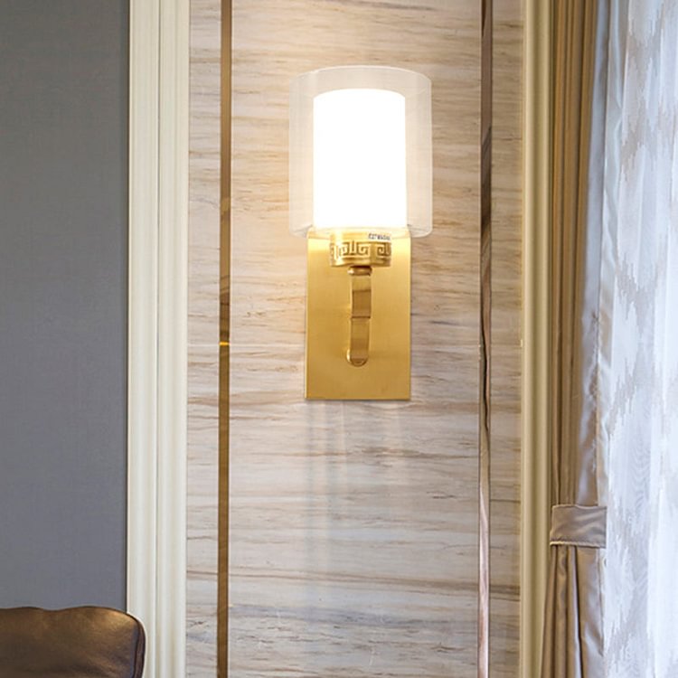1 Head Wall Lighting with Cylinder Shade Clear and White Glass Modern Style Bedroom Wall Sconce in Brass