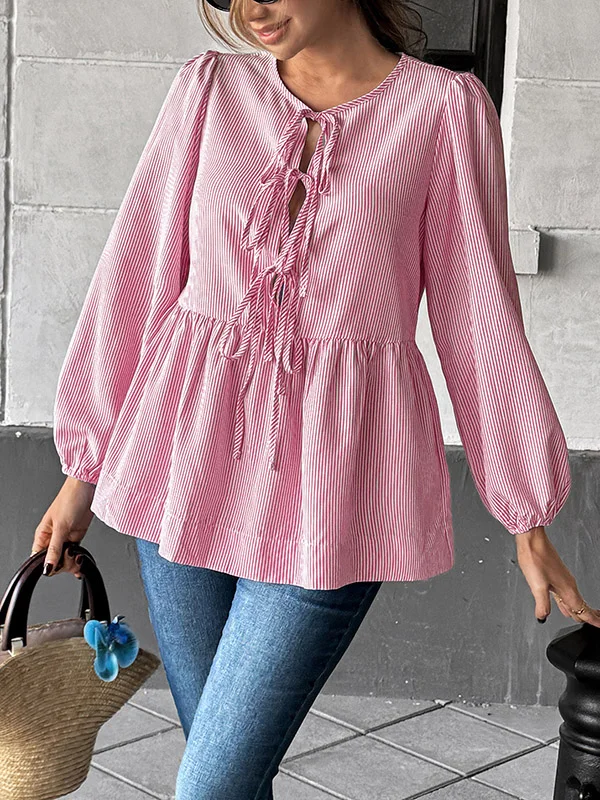 Tied Striped Pleated Elasticity Puff Sleeves Loose Round-Neck Blouses&Shirts Tops