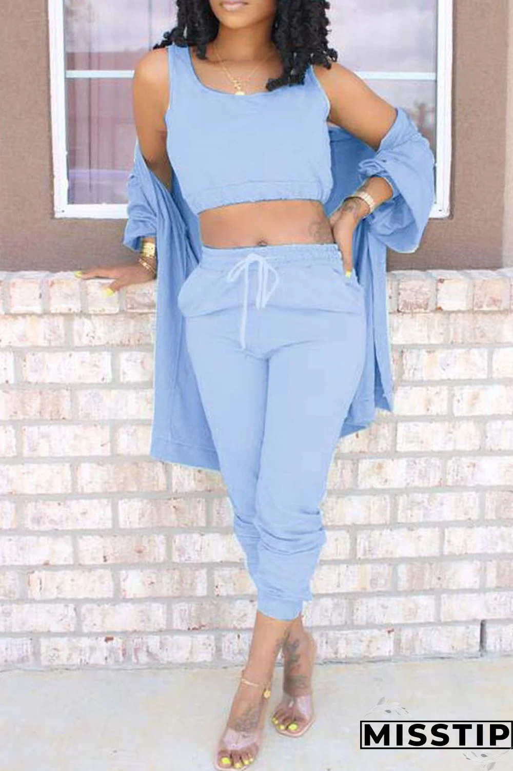 Blue Casual Solid Basic U Neck Long Sleeve Two Pieces
