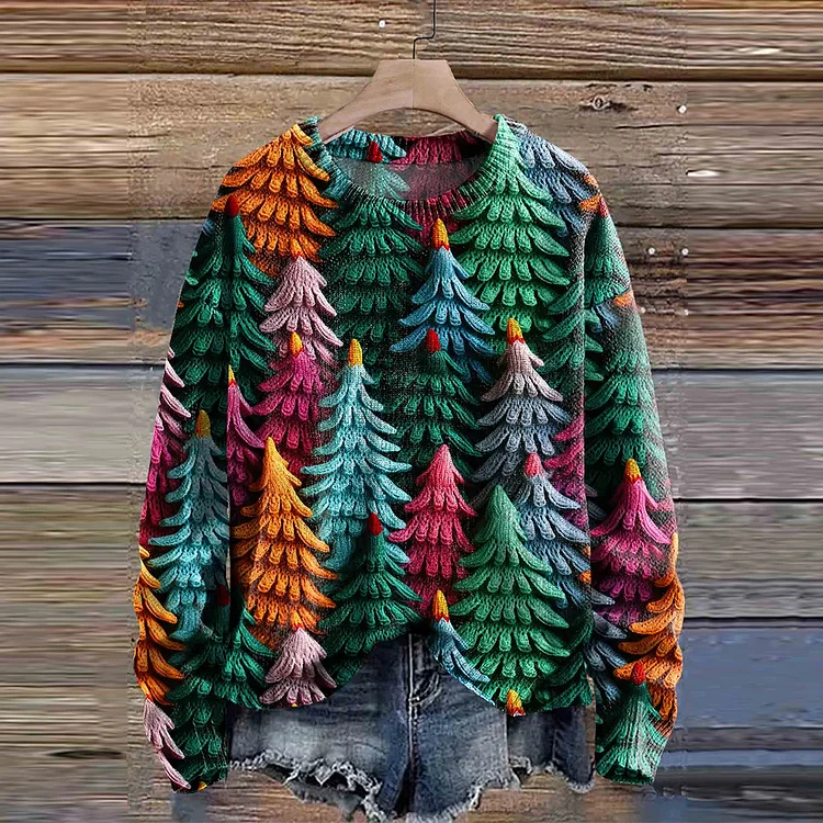 Comstylish Christmas Tree Print Long Sleeve Knit Pullover Sweater