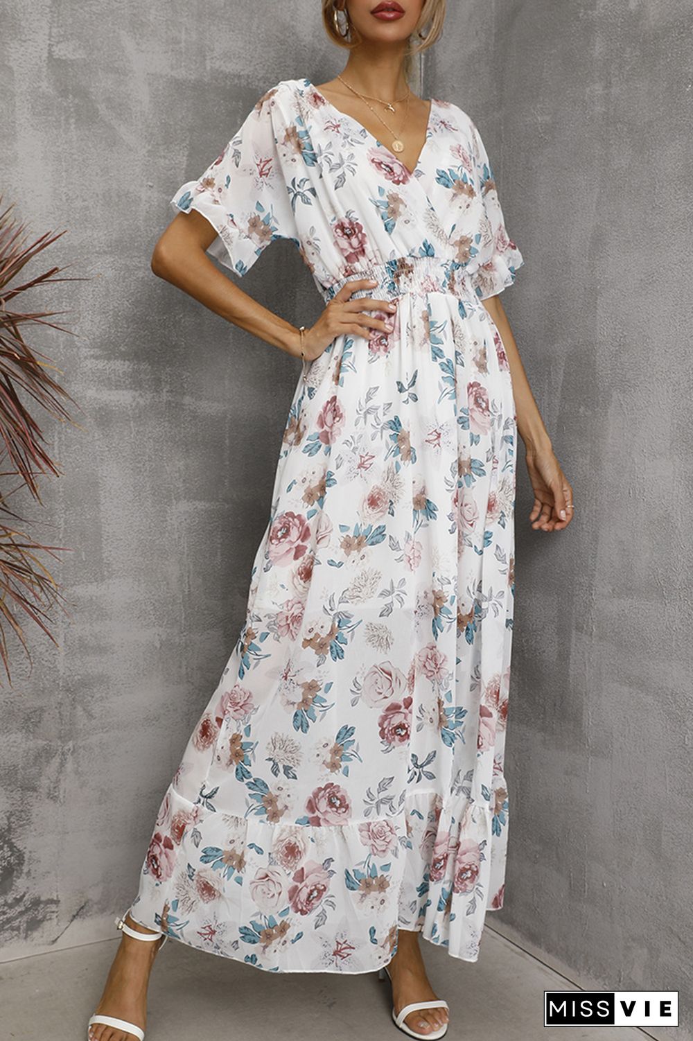 Elegant Floral Split Joint Flounce V Neck Waist Skirt Dresses