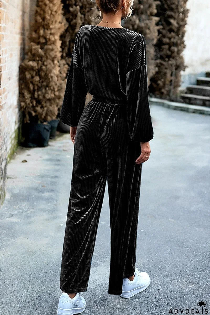 Elegant Solid Pocket O Neck Long Sleeve Two Pieces