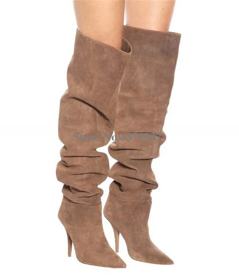 VCSHOES Women Pointed Toe Suede Leather Pleated Stiletto Heel Over Knee Boots Loose High Heel Long Boots