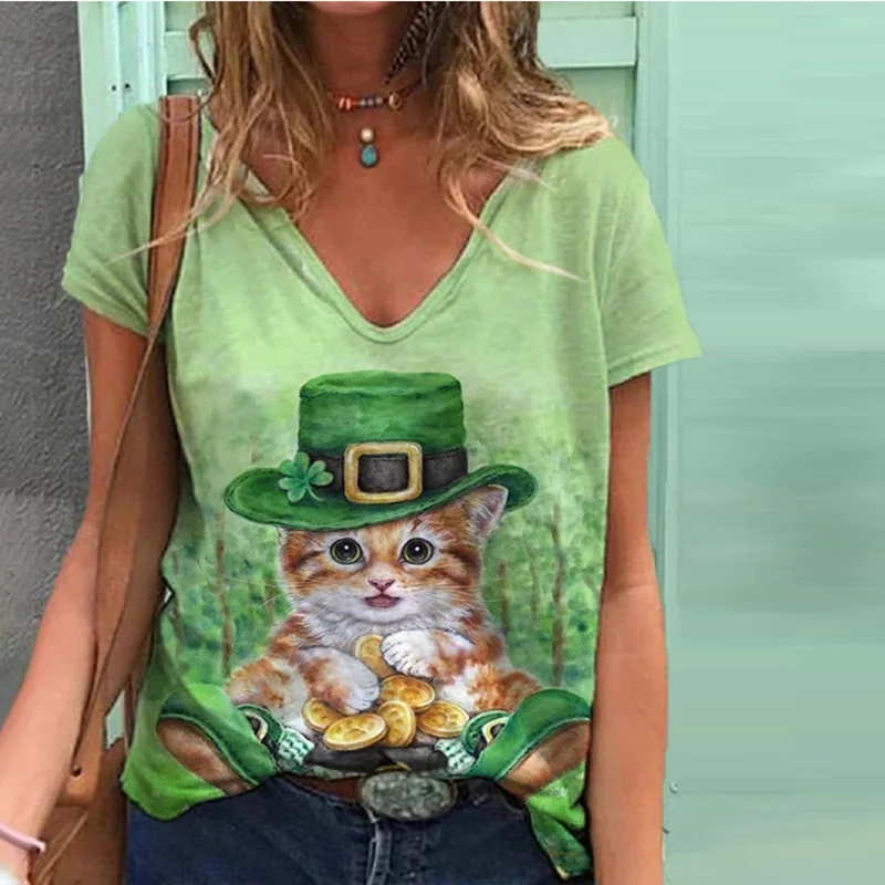 Cat St. Patrick's Day Print Short Sleeve T-Shirt
