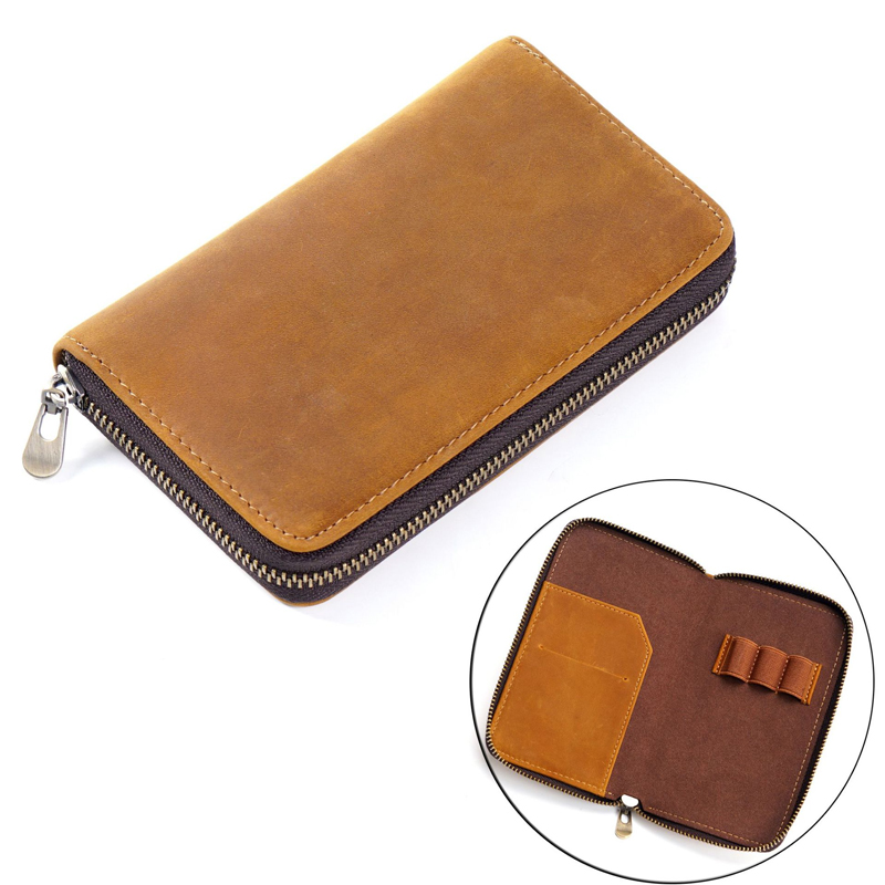 Fromthenon Crazy Horse Cowhide Zipper Pencil Case Pen Box Large Capacity Card Storage Bag Writing Case