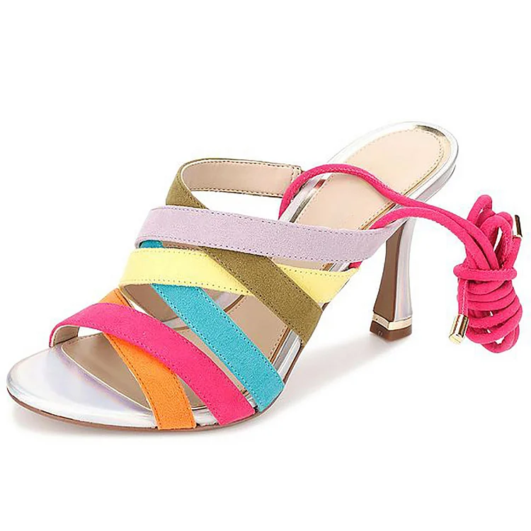 Chic Multi Color Band Wrap Open Round Toe Slip On Sandals Heels |FSJ Shoes