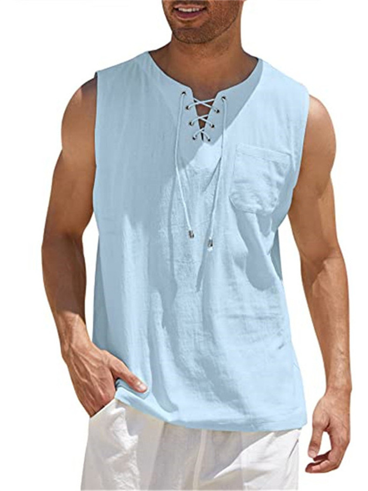 Summer New Hot Men's Slim Pocket Decorated Cotton Linen Solid Color Youth Popular Fashion Sleeveless Laced Casual Undershirt Shirt
