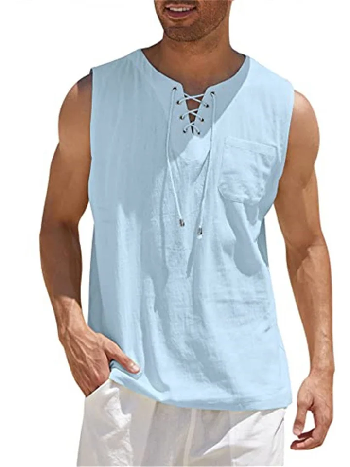 Summer New Hot Men's Slim Pocket Decorated Cotton Linen Solid Color Youth Popular Fashion Sleeveless Laced Casual Undershirt Shirt-Cosfine