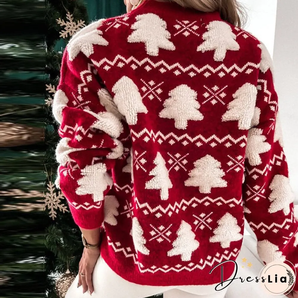 Autumn Fashion Christmas Tree Print Sweater Women Casual Long Sleeve Neck Pullover Ladies