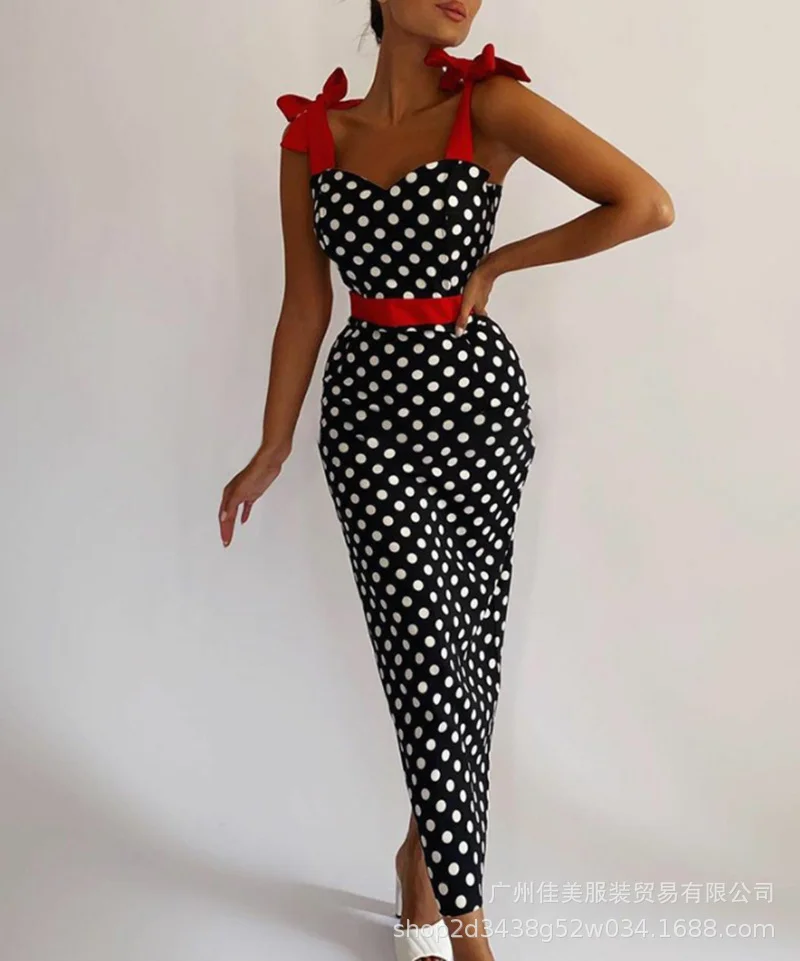 Ueong Women's Wear 2023 New E-Commerce Summer Shoulder Waist Wave Point Collision Color Spliced Dress Spot Spot