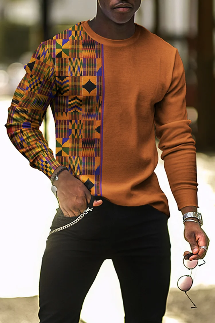Men's African Casual Stitching Print Black Long Sleeve T-Shirt