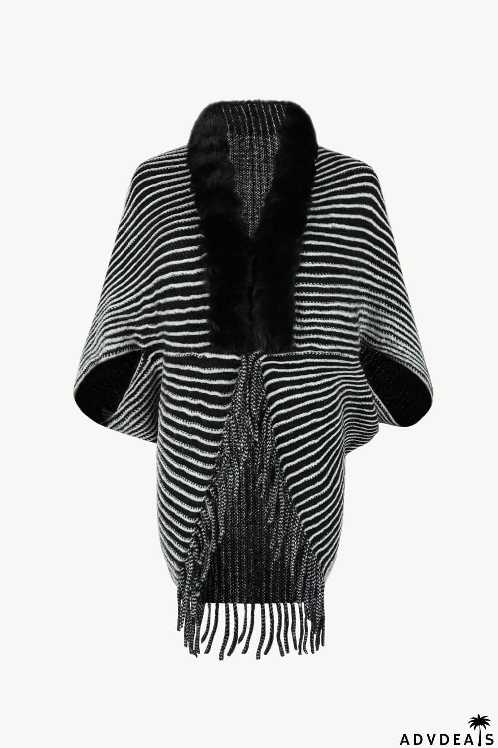 Striped Open Front Fringe Poncho