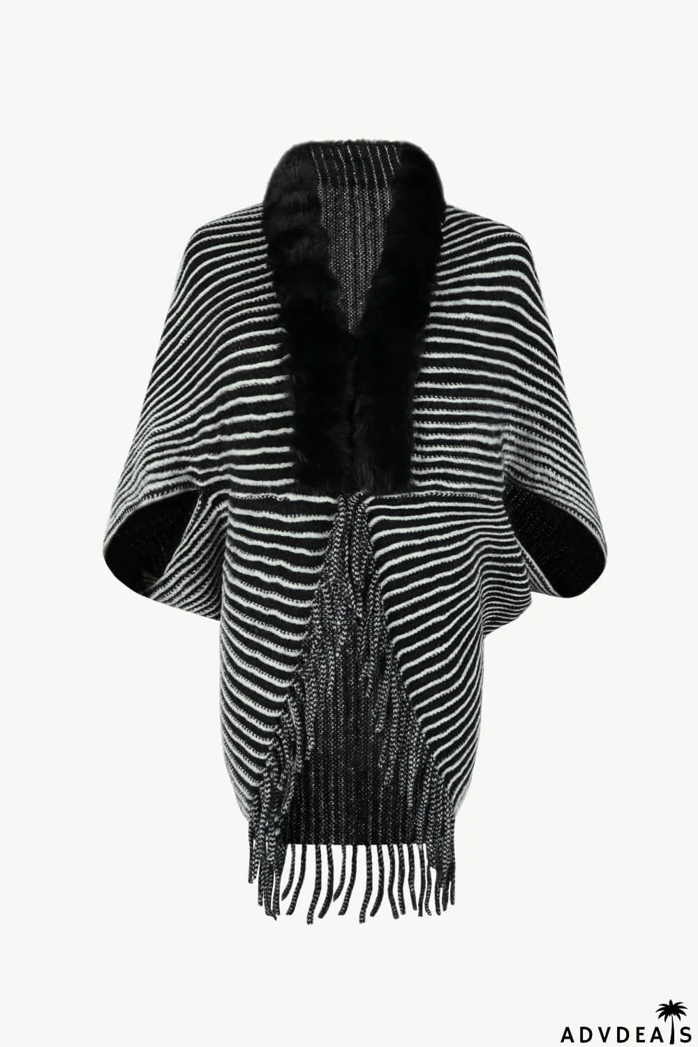 Striped Open Front Fringe Poncho